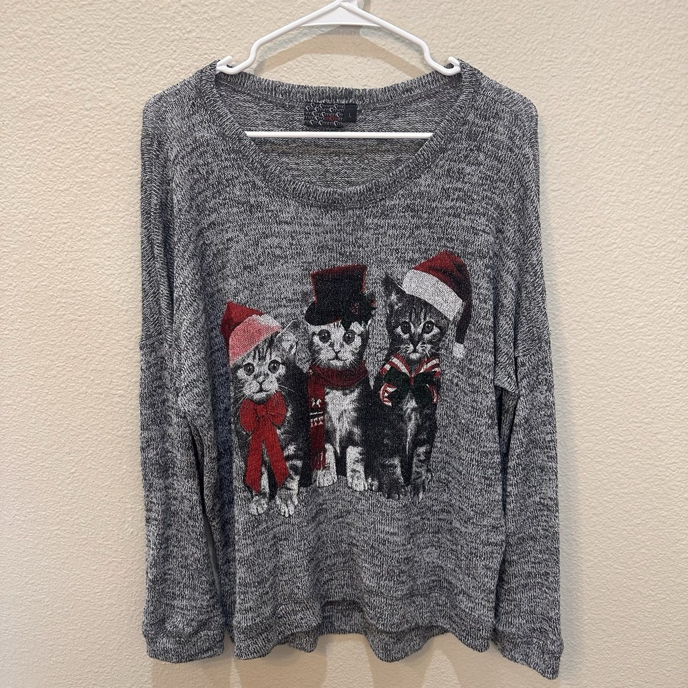 Y2K MCM Gray Heather Knit Sweater L Christmas Cats Holiday Novelty USA Whimsy 90